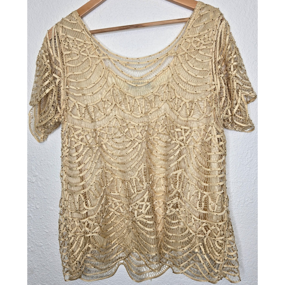 Vintage 80s Top Womens 2X Ivory 100% Silk Crochet Lace‎ Scallop Gold Beaded Glam - Picture 5 of 10